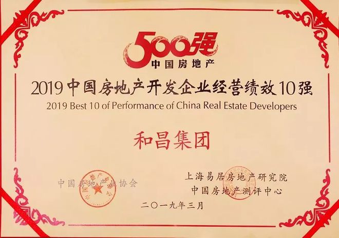 和昌快报|和昌集团荣获2019中国房地产开发企业第80名